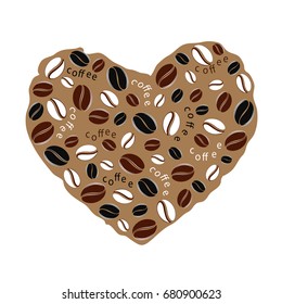 Heart from coffee beans on a brown background. In love with coffee