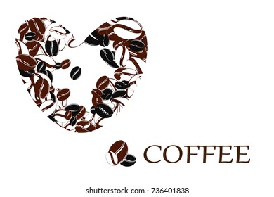Heart from coffee beans on a brown background. In love with coffee