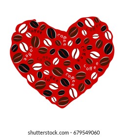 Heart from coffee beans on red background. In love with coffee