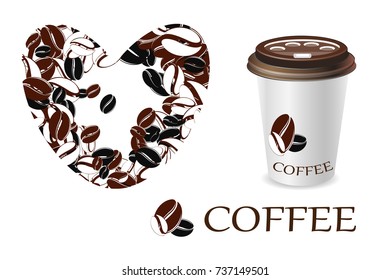 Heart from coffee beans on a white background. In love with coffee. Paper coffee cup. banner