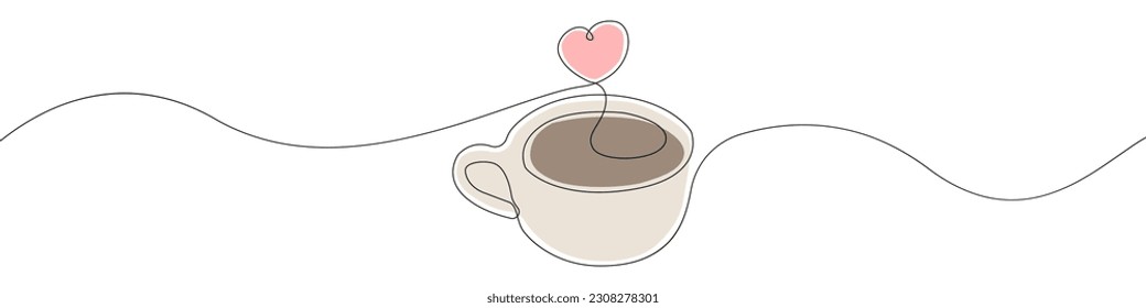 Heart and coffee icon line continuous drawing vector. One line Heart and coffee icon vector background. A cup of coffee with a heart icon. Continuous outline of a Love coffee. Morning drink icon desig