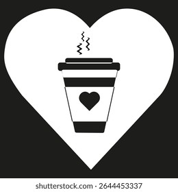 Heart coffee icon. Morning love symbol. Vector mug design. Black background shape.
