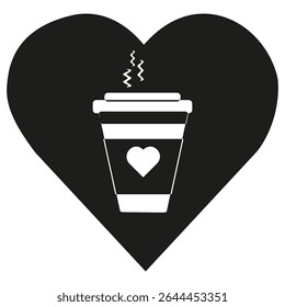 Heart coffee icon. Warm drink symbol. Vector love design. Black background shape.
