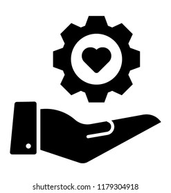 
Heart in cog over human hand, friendship icon vector 
