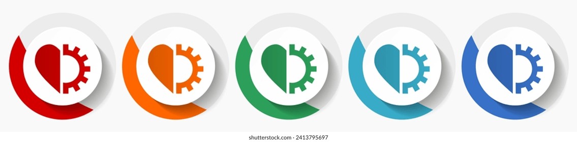 Herz- und Zahnrad-Vektorsymbol-Set, flache Symbole für Logo-Design, Webdesign und mobile Anwendungen, bunt runde Schaltflächen