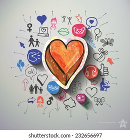 Heart collage with icons background. Vector illustration