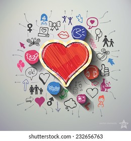 Heart collage with icons background. Vector illustration