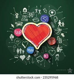 Heart collage with icons on blackboard. Vector illustration