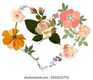 Heart collected from flowers and leaves drawn in different styles isolated on a white background. Vector illustration. Beautiful natural print for dishes, cards, pillows, clothes.