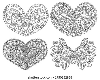 Heart collection black linear hand drawn stock vector illustration. Funny symmetry black outline isolated on white. Detailed colouring book page for kids and adults printable worksheet. One of a serie