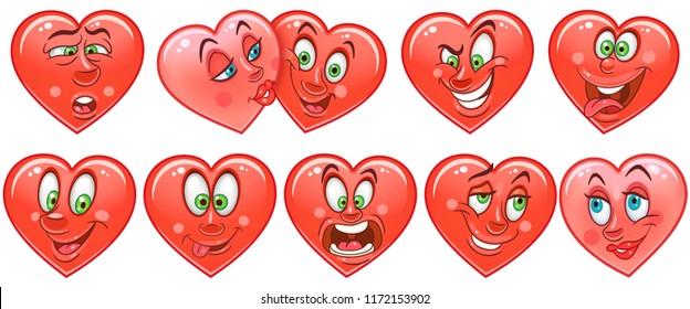 Heart collection. Emoticons. Emoji. Love symbol. Cartoon design element for Valentines Day greeting card, kids coloring book page, t-shirt print, icon, logo, label, patch, sticker.