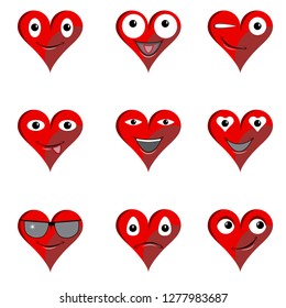 Heart collection. Emoticons. Emoji. Love symbol. Cartoon design element for Valentines Day greeting card, kids coloring book page, t-shirt print, icon, logo, label, patch, sticker.