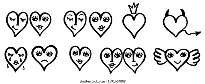Heart collection  Emoticons  Emoji  Love symbol  Sketch design element for Valentines Day greeting card  t  shirt print  icon  logo  label  patch  sticker  Ink   brush drawing 