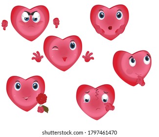 Heart collection. Emoticons. 
Love symbol. Cartoon design element for Valentines Day greeting card, kids coloring book page, t-shirt print, icon, logo, label, patch, sticker.