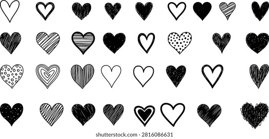 Heart collection featuring varied hand drawn sketches and doodle styles for romantic themes and decorative projects. Diverse textures and shapes ranging from scribbled to clean outline hearts perfect for weddings greeting cards holidays and expressive digital illustration.