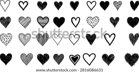 Heart collection featuring varied hand drawn sketches and doodle styles for romantic themes and decorative projects. Diverse textures and shapes ranging from scribbled to clean outline hearts perfect for weddings greeting cards holidays and expressive digital illustration.