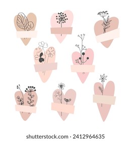 Heart collection taped with dried plants isolated on white background. Healed heart concept. Vector illustration set.