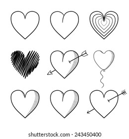 Heart collection, valentine collection, wedding and love icons. Vector illustration, sketch style.