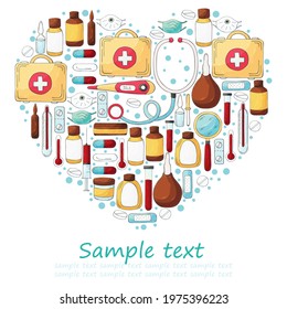 Heart Collection of vector illustrations, text. Set of doctor's tools in hand draw style. Ambulance doctor tools