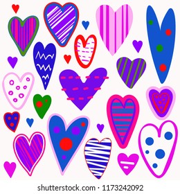 Heart collection. Vibrant hand drawn hearts. Valentine pattern. Fun hearts isolated on white for your design.