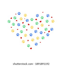 Heart with color animasl paw prints and many hearts. Vector illustration