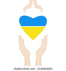 The heart is the color of the flag of Ukraine and children's and women's hands. The concept of preserving peace in Ukraine.