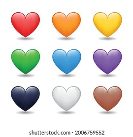 Heart Color Set Icons.  Cartoon Style Love Symbol emoji. Heart Love Emoji Icon on white background. Red, orange, yellow, green, blue, purple, black, white, brown color hearts