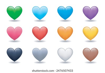 Heart Color Set Icons. Cartoon Style Love Symbol emoji. Heart Love Emoji Icon on white background. Red, orange, yellow, green, blue, purple, black, white, brown color hearts.