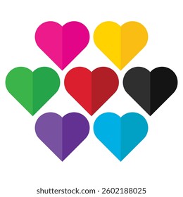 Heart Color Set Icons. Flat Style Love Symbol emoji. Heart Love Emoji Icon on white background. Red, orange, yellow, green, blue, purple, black, white, brown color hearts