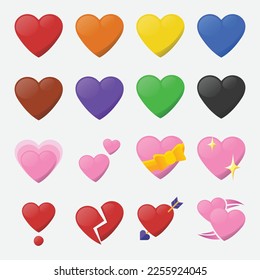 Iconos de conjunto de colores del corazón ilustraciones vectoriales Emojis. Conjunto de Corazones de diferentes colores y tipos