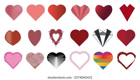Heart Color Set Icons vector illustrations. Set of Hearts in different colors and types For Valentine's Day, Wedding.