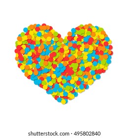 Heart of colored confetti isolated on white background.