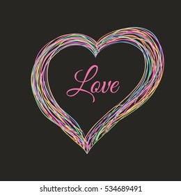 Heart of colored lines. Vector illustration on black background with the word Love. The pattern for greeting card