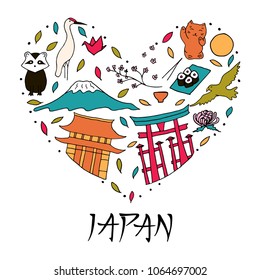 The heart with colored symbols of Japan. Japanese culture and architecture. The main attractions of Asia.