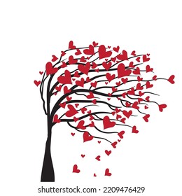  Heart colored tree with red heart shape leaves, vector. Illustration on white background.