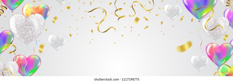 Heart colorful balloons  And Ribbon Isolated On Transparent Background. Vector. Glossy gold festive mockup for anniversary, birthday party design