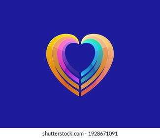Logotipo vectorial gradiente colorido del corazón. Símbolo de señas médicas de caridad. 2 diseño de icono del logo de los pájaros amantes.