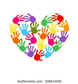 Heart with colorful hand prints vector background