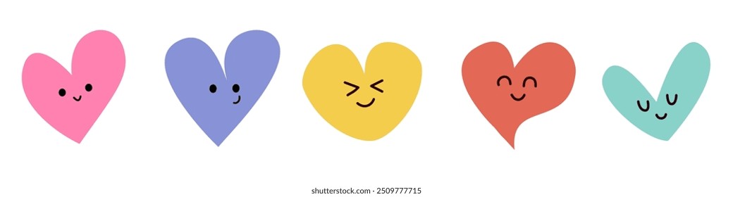 Heart Colorful Set Icons character design. Cartoon Style Love Symbol emoji. Heart Love Emoji Icon on white background. Red, yellow, green, purple, and pink color hearts