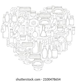 Heart Coloring page. Laboratory assistant doctor tools set in hand draw style. Analysis tools, virus search. Doctor's case, microscope, tools