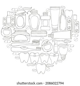 Página Colorización del Corazón. Conjunto de elementos para el cuidado de la cavidad oral con estilo de dibujo a mano. Limpieza de dientes, salud dental. Dientes, hilo, cepillo, pegar