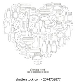 Heart Coloring vector illustrations, text. Laboratory doctor tools set in hand draw style. Analysis tools, virus search. Doctor's case, microscope
