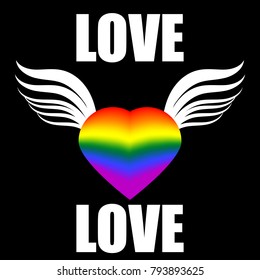 Heart in colors of LGBT flag with white wings, inscription love, symbol of freedom and equality, vector