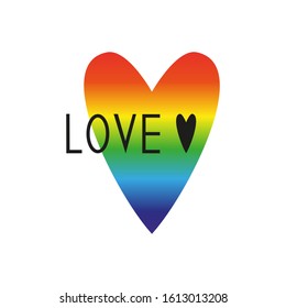 Heart in colors of LGBTQ flag with the word “love”. Rainbow LGBT flag icon. Isolated on white background vector illustration.