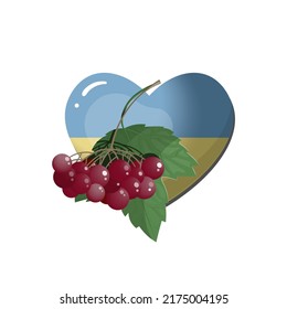 The heart in the colours of Ukrainian flag and viburnum branch