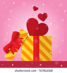 Heart come out from gift box on pink background. Snow flake falling.