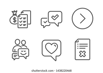 Heart, Communication and Accounting wealth icons simple set. Forward, Approve and Reject file signs. Like rating, Business messages. Technology set. Line heart icon. Editable stroke. Vector