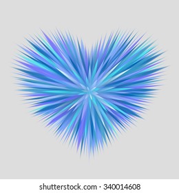 Heart composed of blue rays with sharp endings, on gray background. Cold heart concept