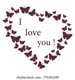 Heart composed of many butterflies and the words: I love you. Design for banner, poster or print. Greeting card Valentine's Day.