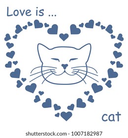 Heart composed of many hearts and cute cat. Design for banner, poster or print Valentine's Day.